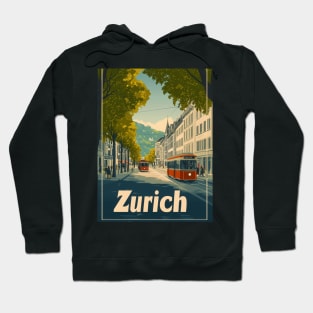 This vibrant travel poster showcases Zurichs classic architecture and picturesque streets, featuring red trams weaving through a lively Hoodie